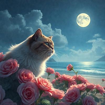The primary subject of the image is a cat sitting in a field of pink flowers. The setting is a beach, with the ocean visible in the background. The visual style is a painting, which gives the image a vibrant and artistic appearance. The dominant colors are pink and white, creating a serene and peaceful atmosphere.